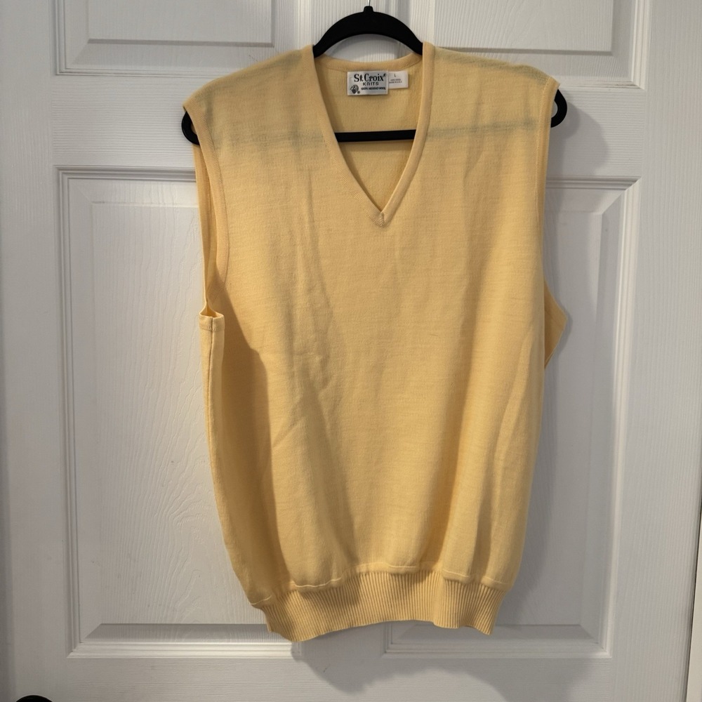 St Croix Vest Mens L Yellow Knit VNeck Sweater Vest Made In USA 100% Merino Wool